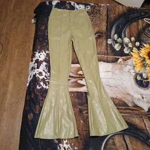 Missguided Tall Faux Leather Flare Pants Women’s US 6 Olive Green High Rise 32.5